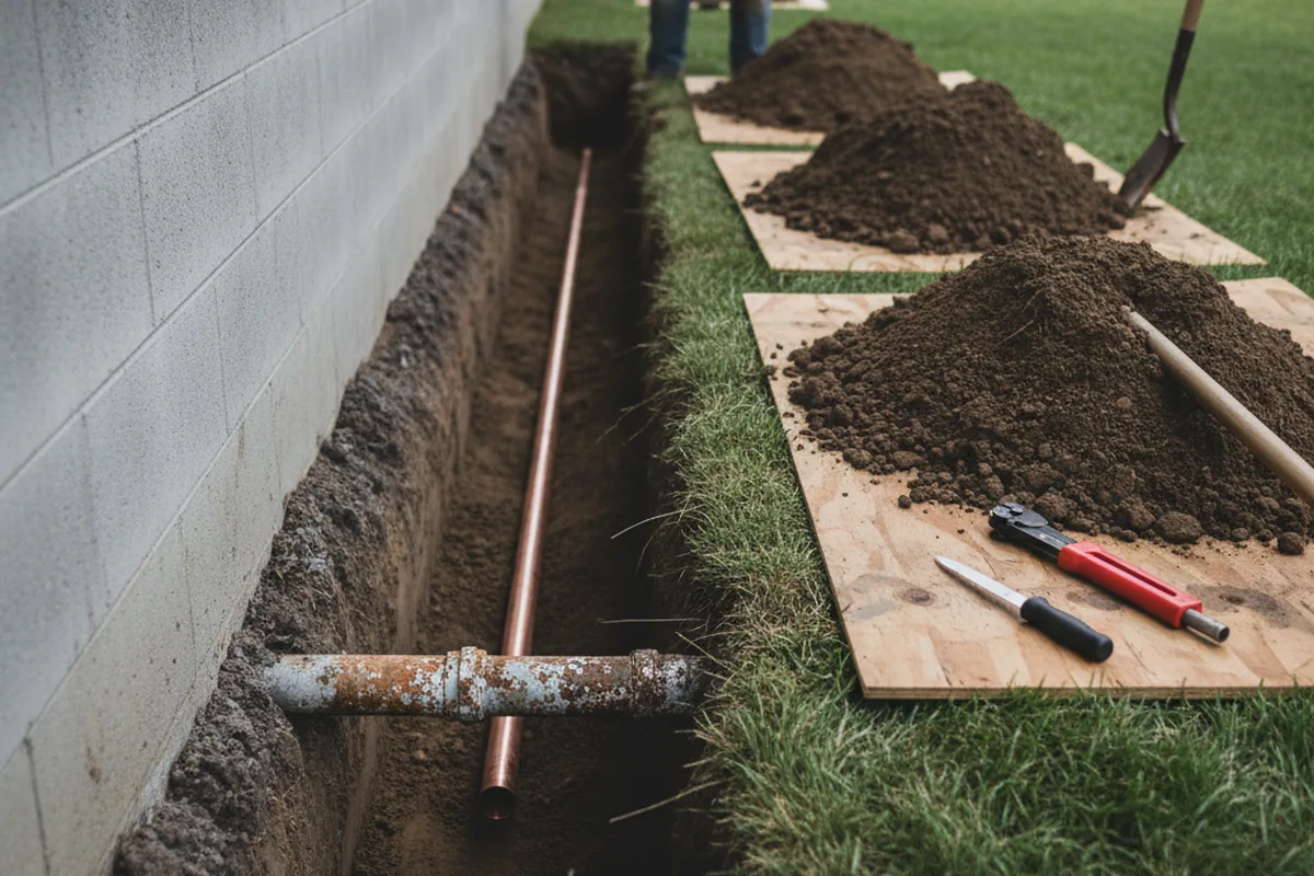 Excavated water line trench during Water Heater Repair in Saint Germain
